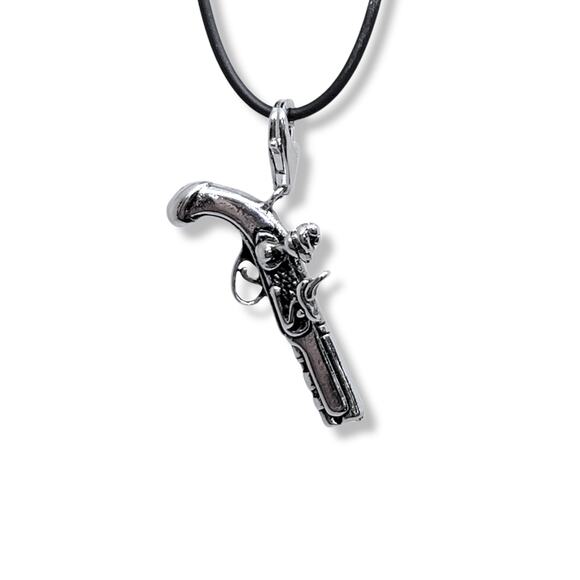 Antiqued Rhodium Plated 925 Sterling Silver Old Timey Pirate Gun Charm - Picture 6 of 7